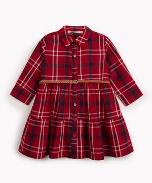 vestido de algodão infantil xadrez manga longa com cinto vermelho