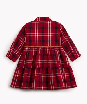 vestido de algodão infantil xadrez manga longa com cinto vermelho