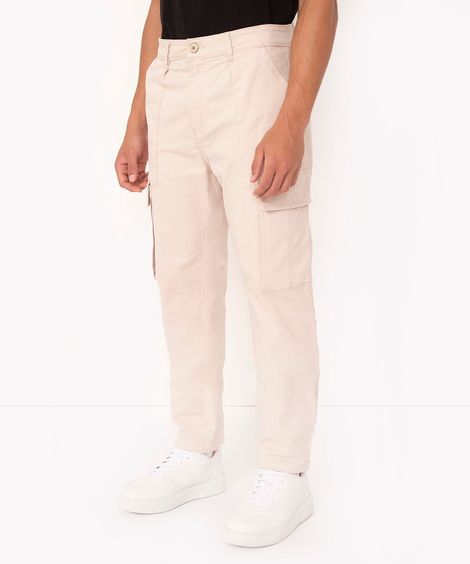 calça de sarja wide leg cargo bege claro