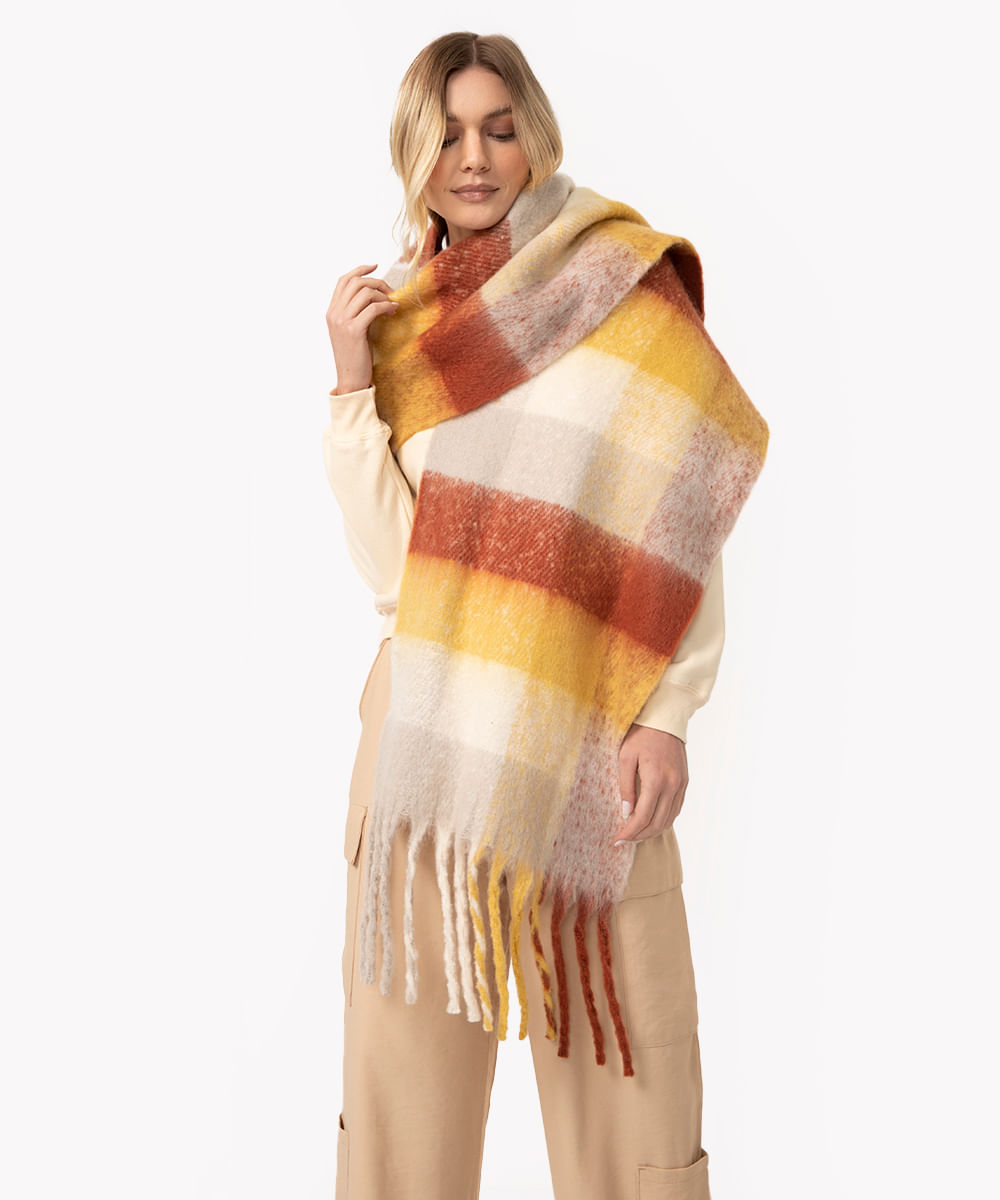 cachecol tricot xadrez com franjas multicor