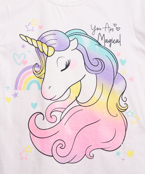 camiseta infantil de algodão unicórnio neon manga curta off white