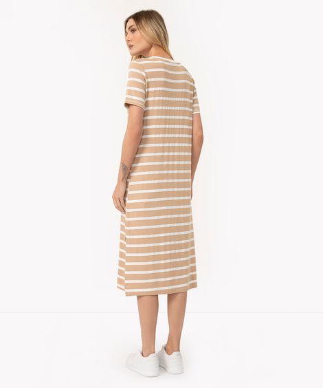 vestido listrado midi com fenda manga curta bege