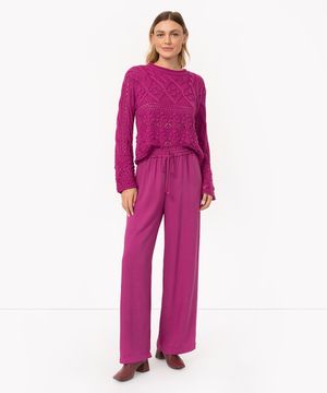 calça wide leg de viscose cós elástico rosa escuro