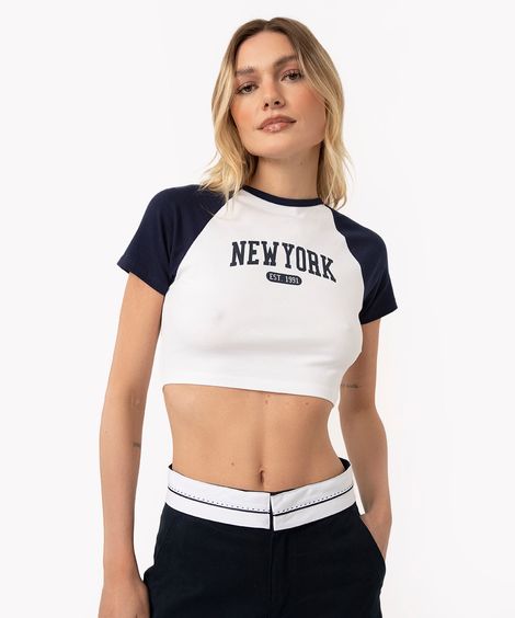 camiseta baby look new york off white