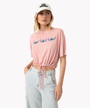 blusa de viscose amarração manga curta stitch rosa