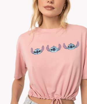 blusa de viscose amarração manga curta stitch rosa