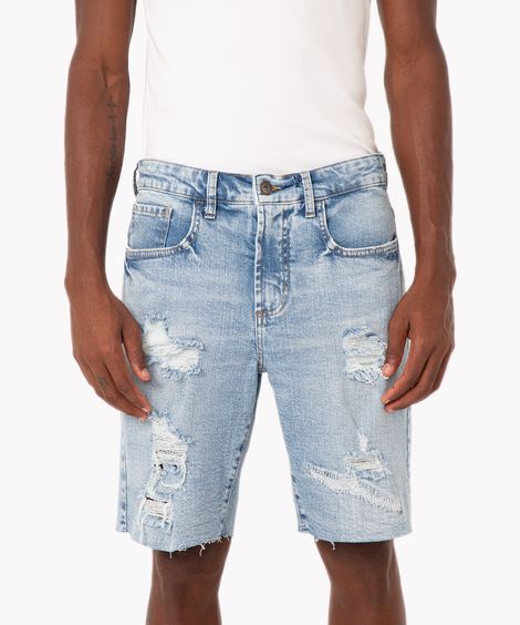 bermuda jeans slim com bolsos e rasgos azul médio