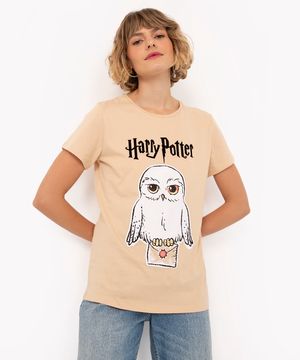 camiseta de algodão harry potter flocada manga curta bege claro