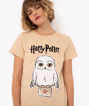 camiseta de algodão harry potter flocada manga curta bege claro