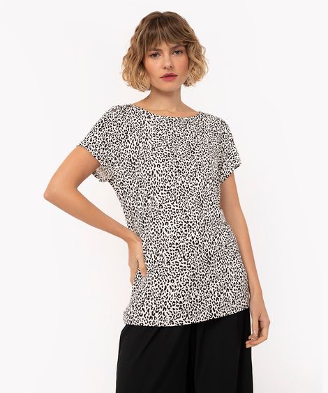 blusa de viscose animal print com botões manga curta off white