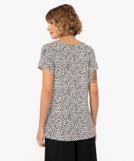 blusa de viscose animal print com botões manga curta off white