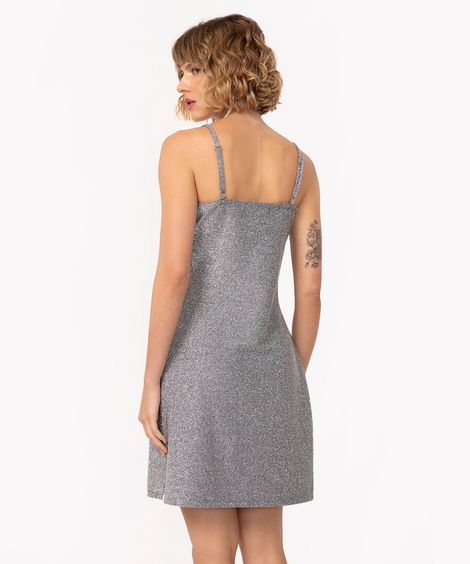 vestido curto de lurex alça fina com fenda prata