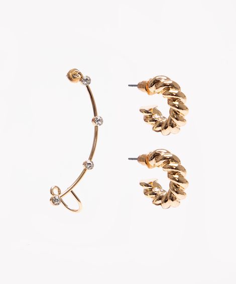 Kit par de brinco e earcuff com strass dourado