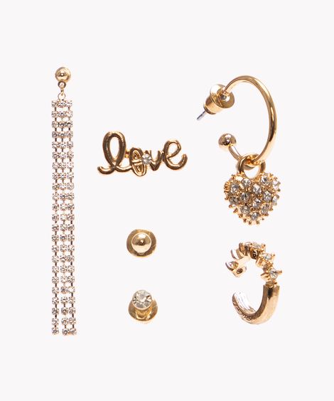 kit de 5 brincos e earcuff com strass  dourado