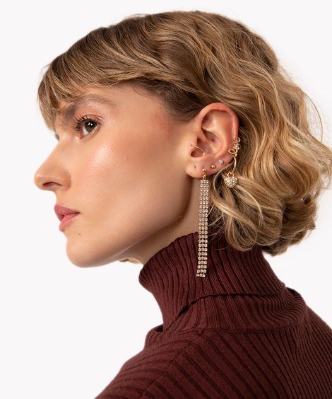 kit de 5 brincos e earcuff com strass  dourado