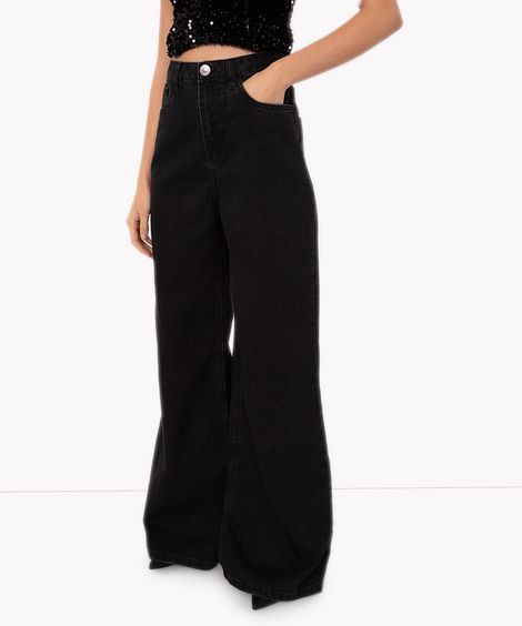 calça jeans wide cintura super alta preto