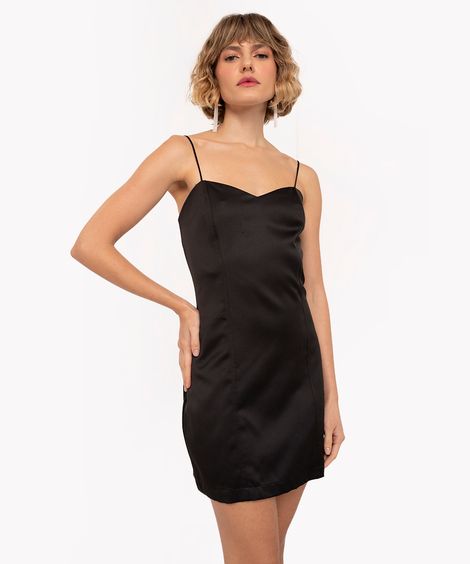 vestido curto de cetim com recortes alça fina preto