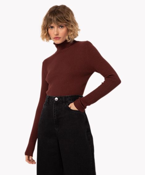 blusa de tricot canelado manga longa gola alta marrom