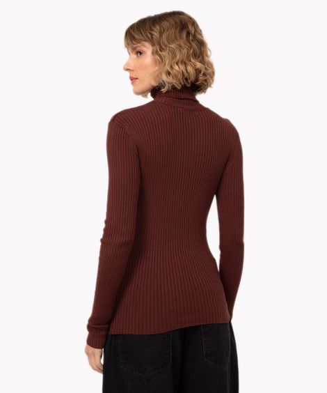 blusa de tricot canelado manga longa gola alta marrom