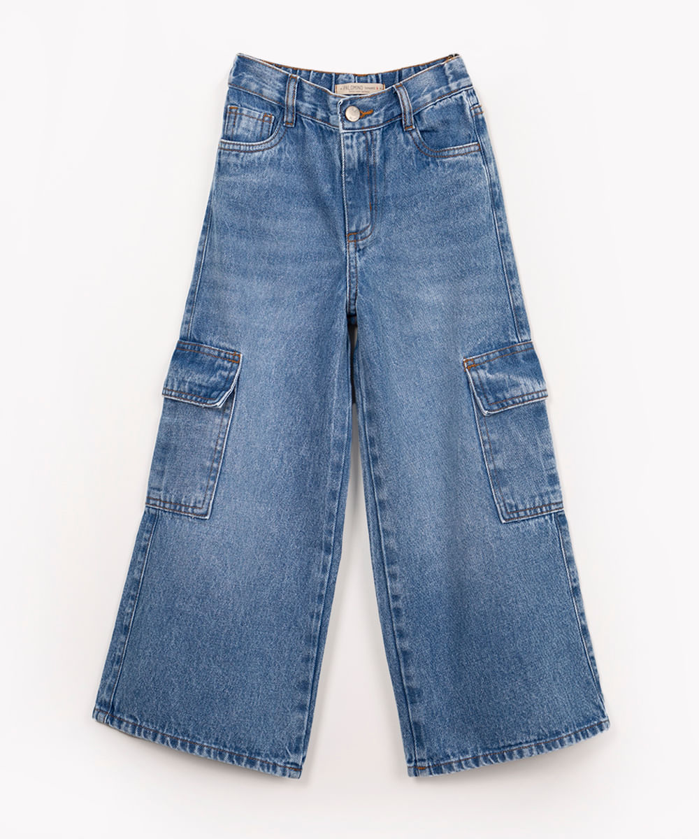 calça jeans infantil wide bolso cargo azul claro marmorizado - C&A