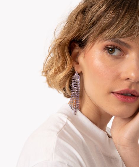 brinco alongado franja de strass lilás