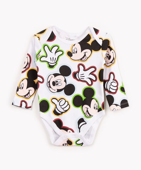body infantil de algodão manga longa mickey mouse off white