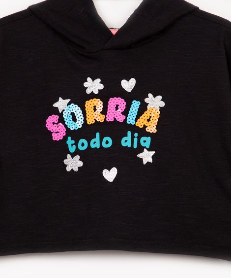 blusa infantil cropped sorria manga longa com capuz preto