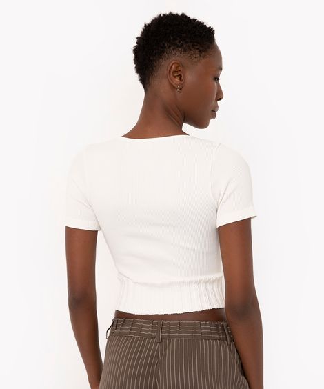 cropped de poliamida decote v manga curta off white