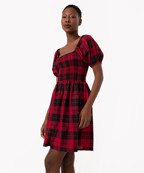 vestido curto xadrez manga curta vermelho
