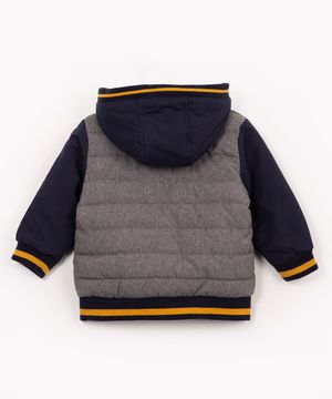 jaqueta puffer infantil raglan com capuz cinza