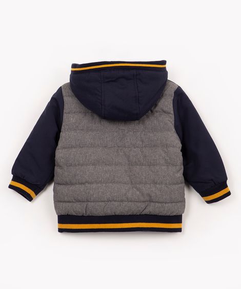 jaqueta puffer infantil raglan com capuz cinza