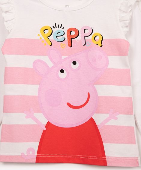 camiseta infantil peppa pig listrada com babado manga longa off white