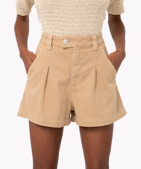short de sarja long cintura super alta com pregas bege