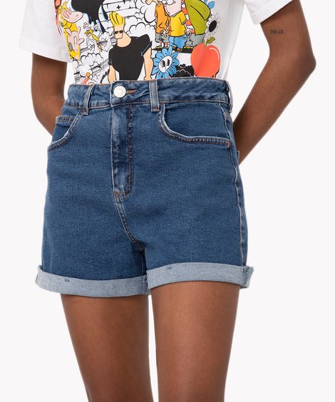 short jeans mom stretch cintura super alta azul escuro