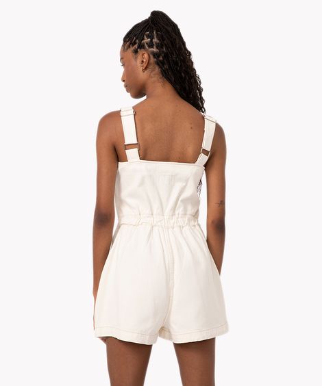 macaquinho de sarja decote princesa com zíper e alça média bege