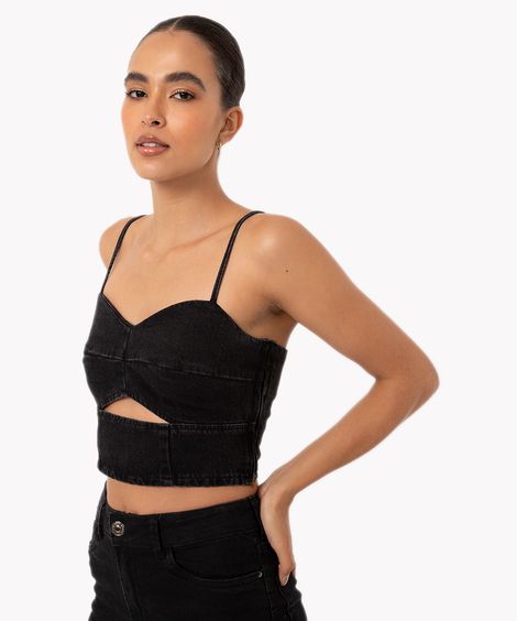 cropped jeans cut out alça fina preto