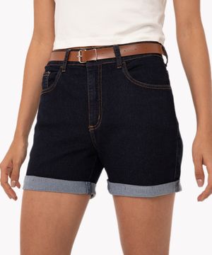 short jeans midi cintura média com cinto azul médio