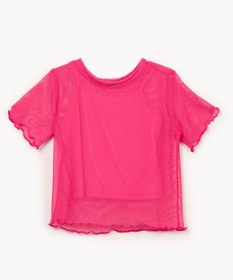 blusa infantil de tule manga curta rosa