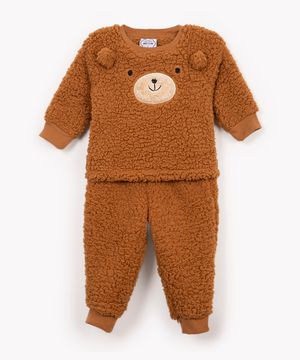 pijama de pelúcia infantil urso manga longa marrom