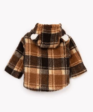 casaco de pelúcia infantil xadrez com capuz marrom