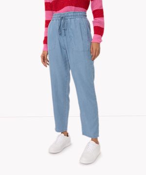calça jeans jogger cintura super alta azul médio