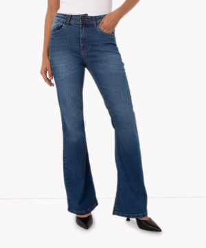 calça jeans flare stretch cintura média azul escuro