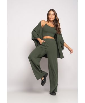 Conjunto Com Kimono, Cropped e Wide Leg Canelado Verde Salvatore