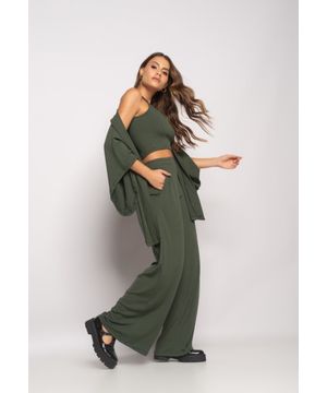 Conjunto Com Kimono, Cropped e Wide Leg Canelado Verde Salvatore