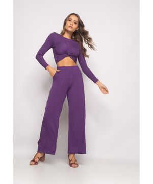 Conjunto Cropped Nó e Wide Leg Manga Longa Malha Roxo Salvatore