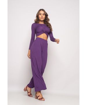 Conjunto Cropped Nó e Wide Leg Manga Longa Malha Roxo Salvatore