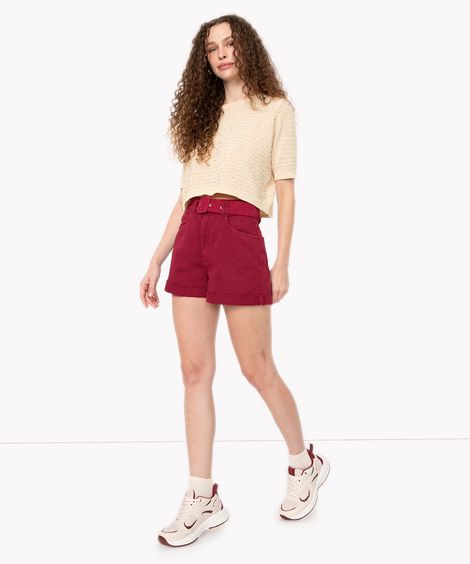 short mom de sarja cintura super alta com cinto vinho
