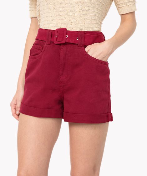 short mom de sarja cintura super alta com cinto vinho