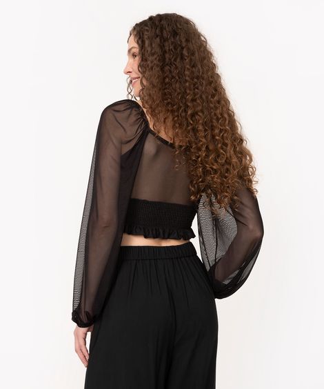 blusa de tule manga longa decote franzido  preto