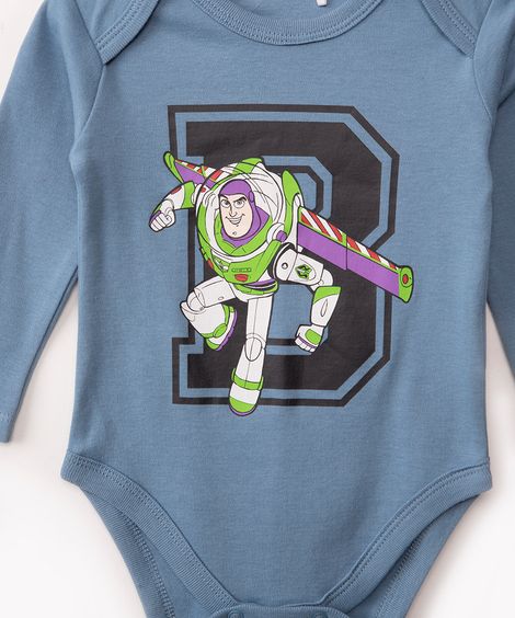body de algodão infantil Buzz Toy Story manga longa azul